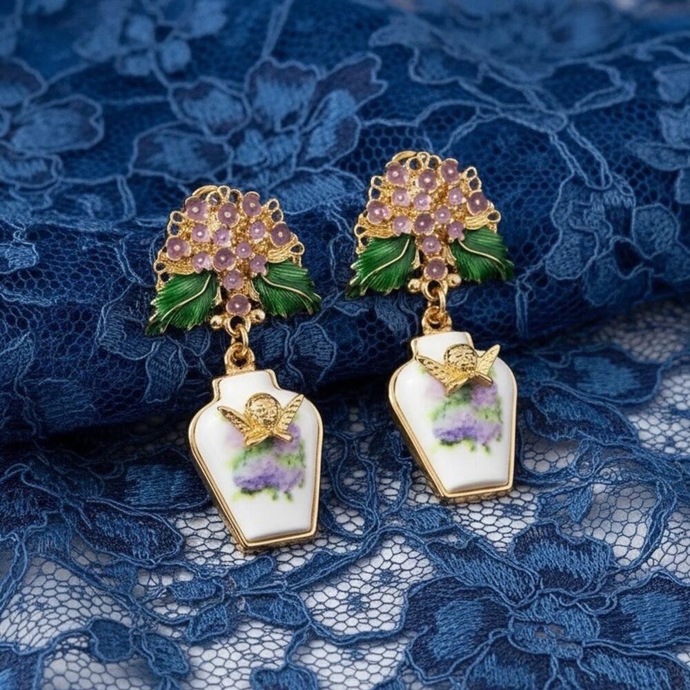 Museum Angel Earrings Gold Tudor Court Garden Vase Flower Bouquet Lilac Revival